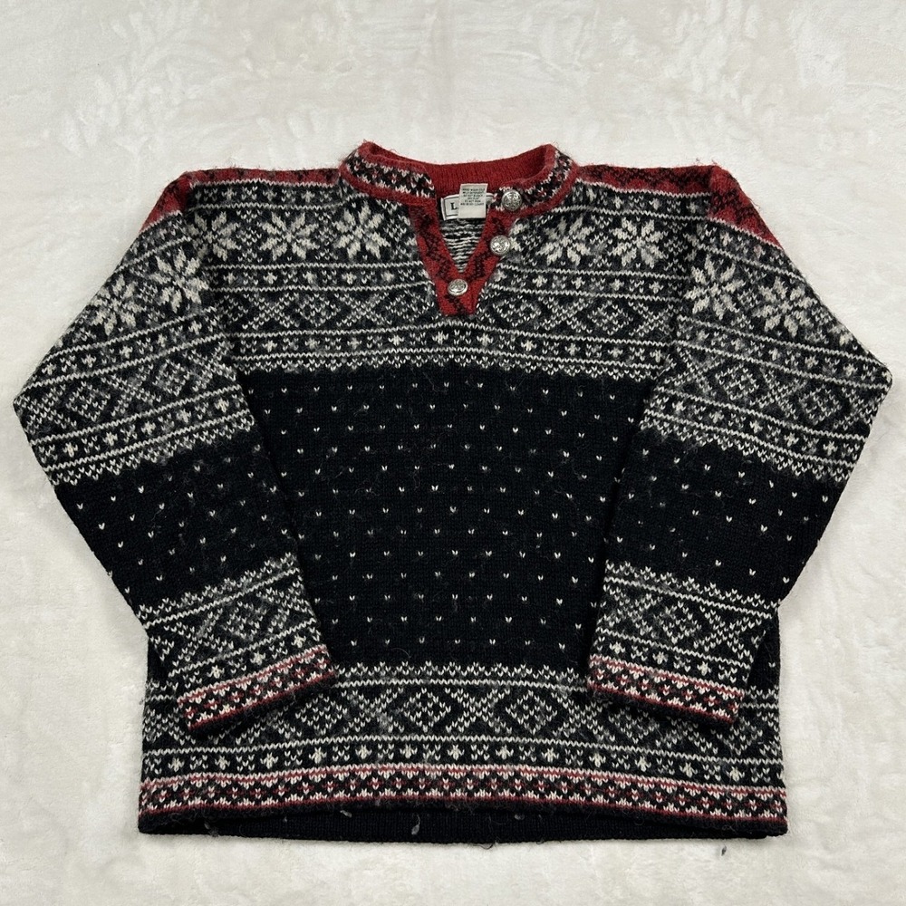 L.L. Bean Sweater womans S Black Red Fair Isle Wool Nordic Henley Snowflake